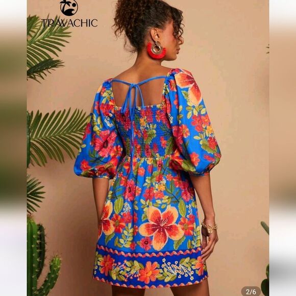 Floral Blue Dress with Red and Orange Accents - Picture 6 of 10